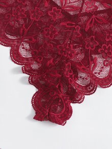 花卉蕾絲繞頸絨毛連體衣 - 酒紅色 - 查看 3