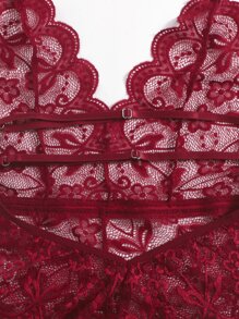 花卉蕾絲繞頸絨毛連體衣 - 酒紅色 - 查看 4