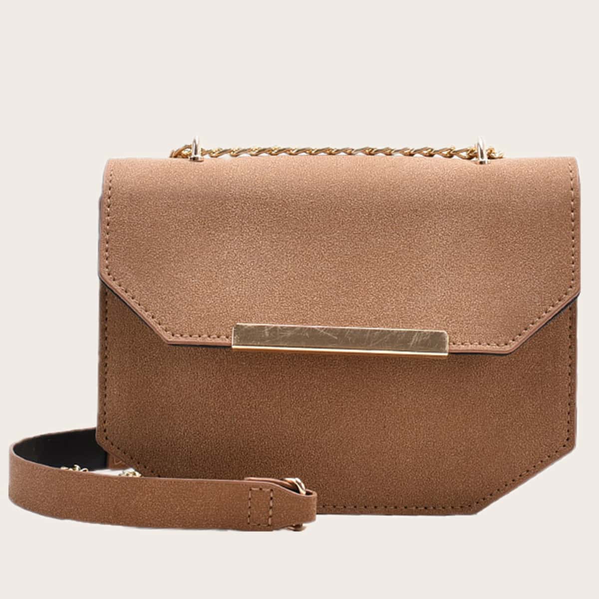 

Solid Geometric Flap Bag, Brown