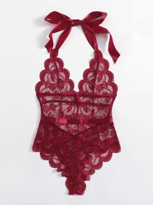 花卉蕾絲繞頸絨毛連體衣 - 酒紅色 - 查看 6