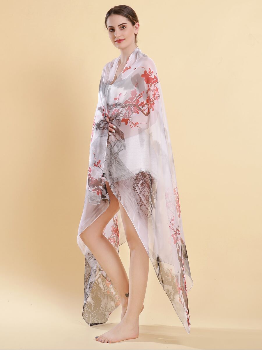 風景圖案透明翻領 - 白色 - 查看 1