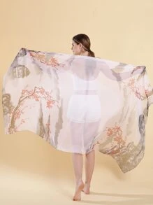 風景圖案透明翻領 - 白色 - 查看 2