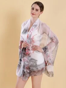 風景圖案透明翻領 - 白色 - 查看 4