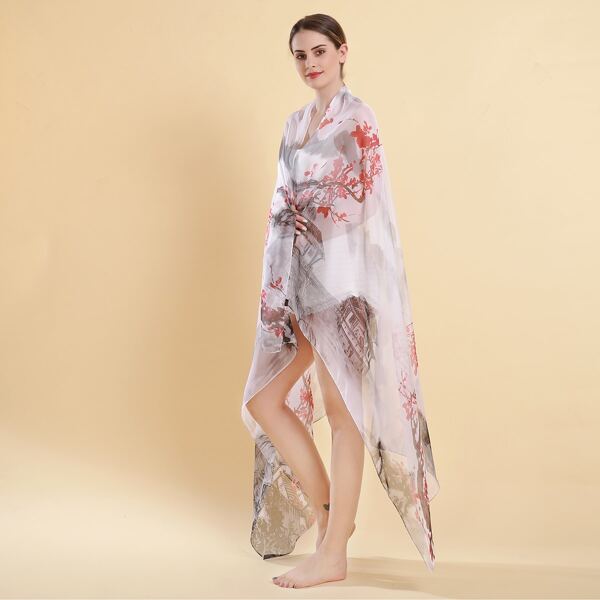 

Landscape Print Sheer Shawl, White