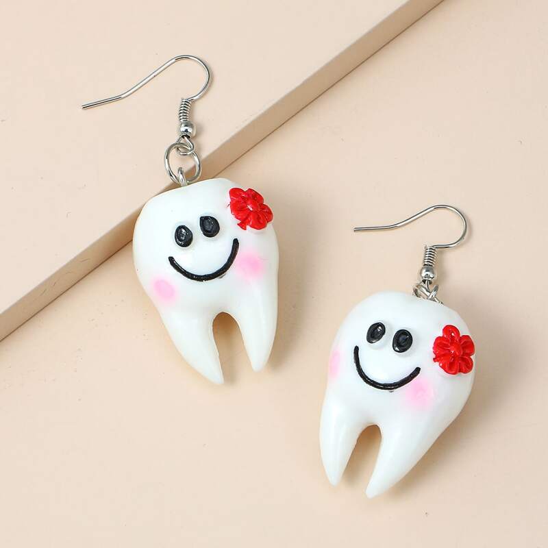 

Funny Face Tooth Drop Earrings, Red and white