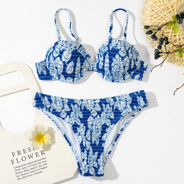 

Floral Graphic Smocked Underwire Bandeau Bikini Swimsuit, Blue and white