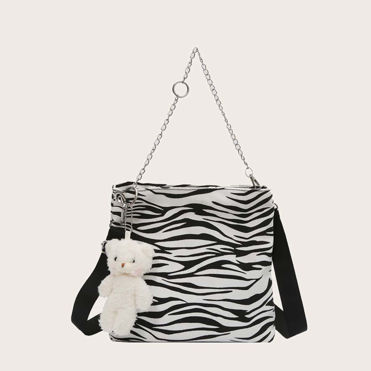 

Zebra Striped Shoulder Bag, Black and white