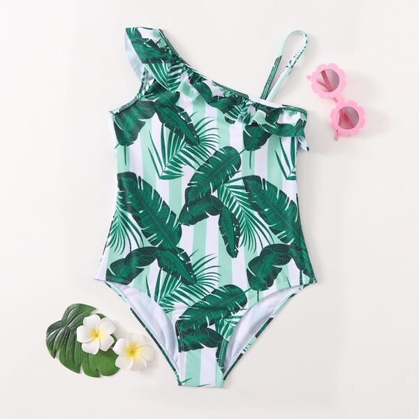 

Toddler Girls Tropical Flounce One Piece Swimsuit, Green