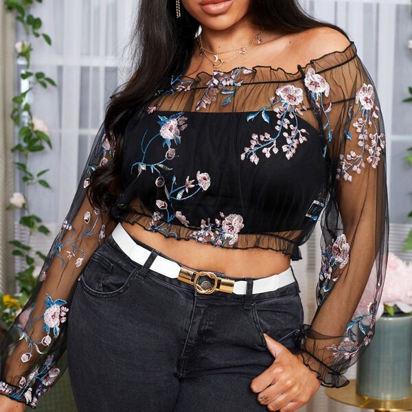 

Plus Floral Embroidered Mesh Crop Top, Black