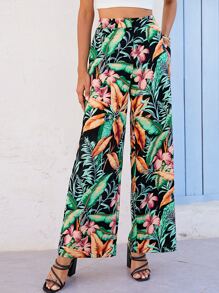 SHEIN Pantalones palazzo con estampado tropical - Multicolor - Ver 2
