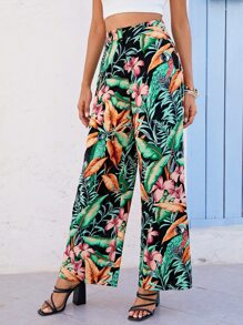 SHEIN Pantalones palazzo con estampado tropical - Multicolor - Ver 4