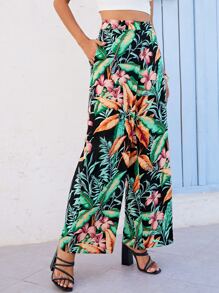 SHEIN Pantalones palazzo con estampado tropical - Multicolor - Ver 5