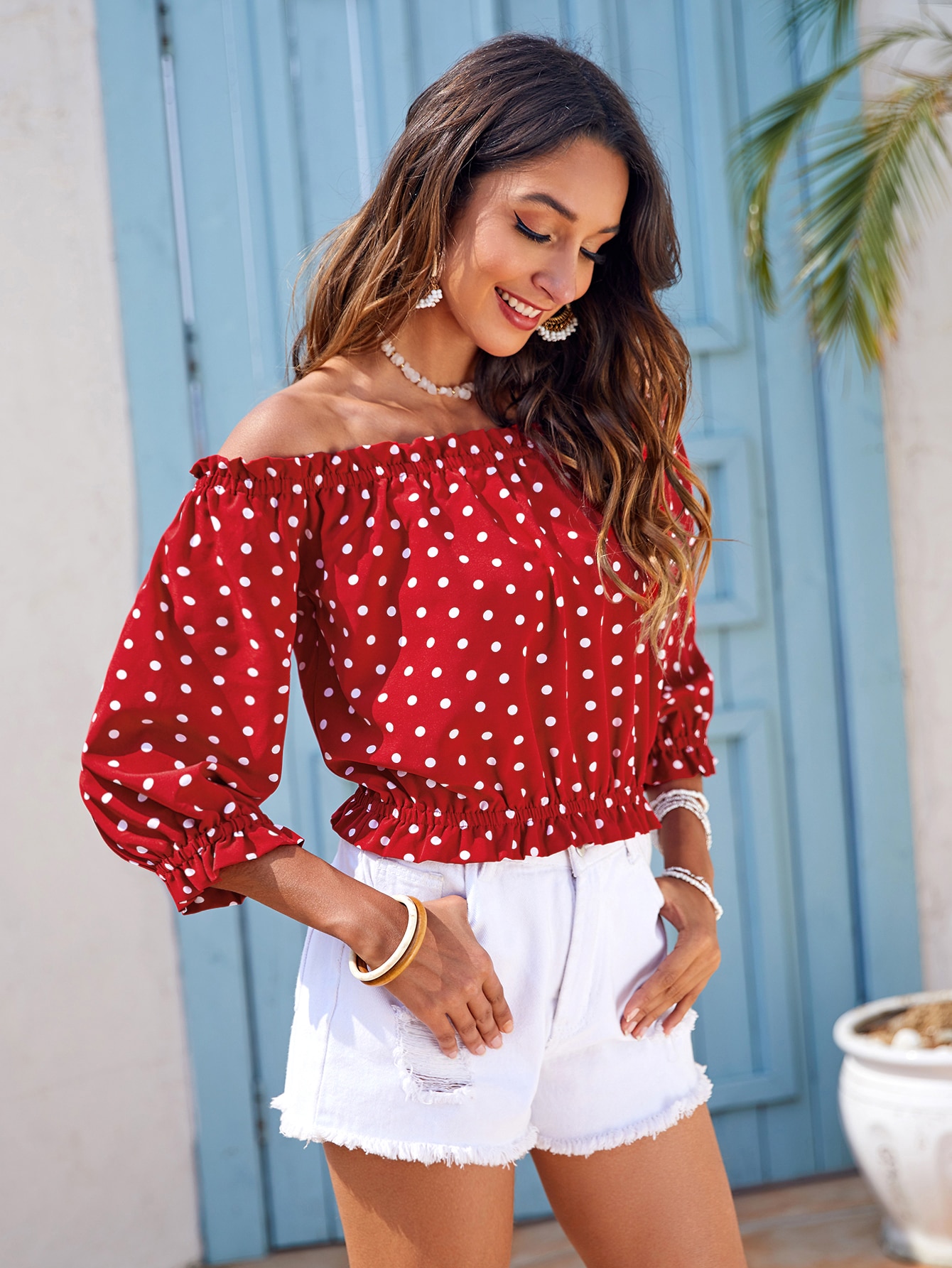 Our Frilled Off Shoulder Polka Dot Top is such a vibe - ROMWE