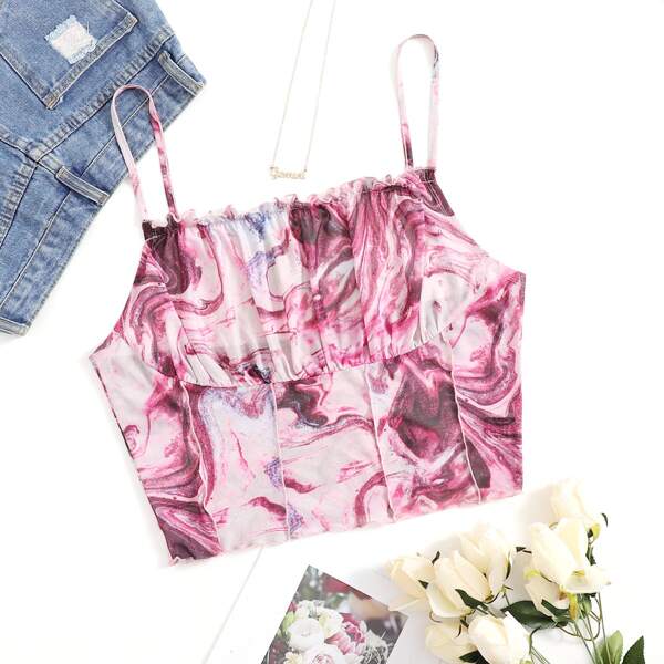 

Plus Frill Trim Ruched Bust Marble Mesh Cami Top, Multicolor