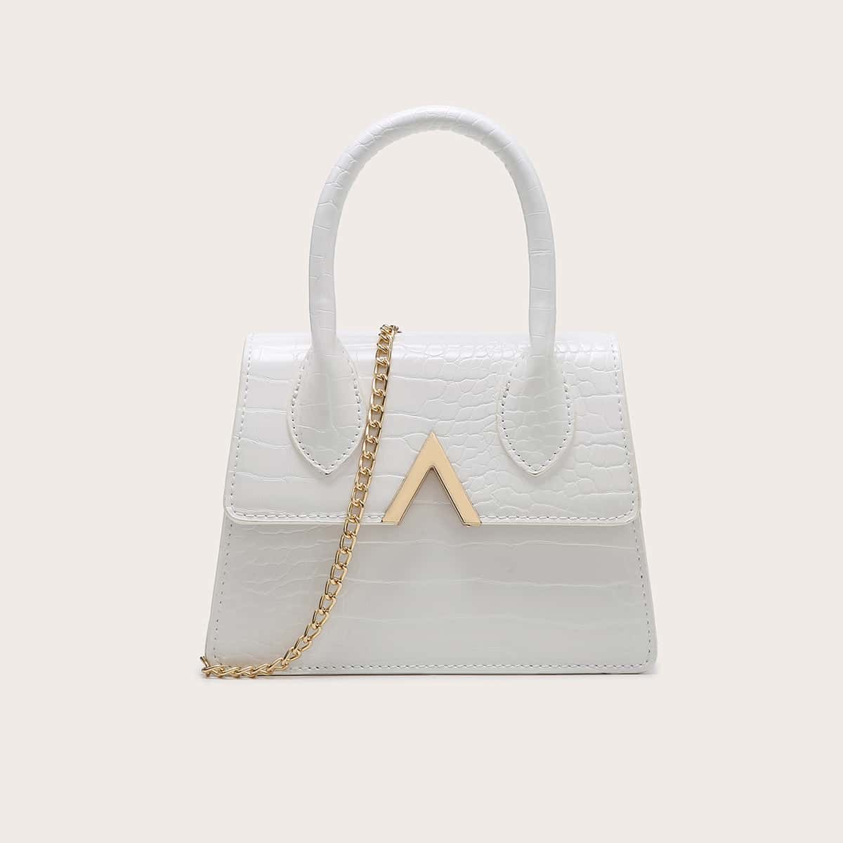

Croc Embossed Chain Satchel Bag, White