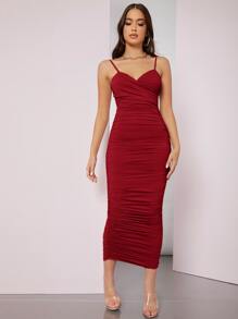 SHEIN BAE 素色抽褶包臀洋裝 - 紅色 - 查看 1