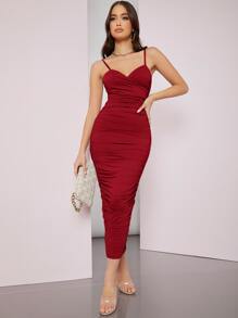 SHEIN BAE 素色抽褶包臀洋裝 - 紅色 - 查看 4