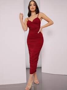 SHEIN BAE 素色抽褶包臀洋裝 - 紅色 - 查看 5