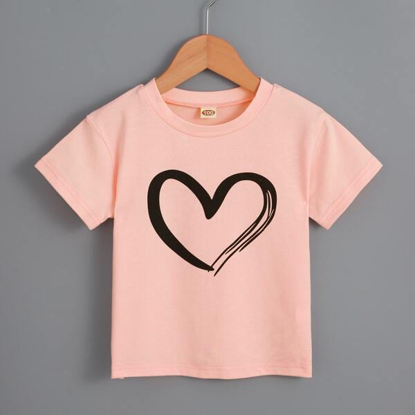 

Toddler Girls Heart Print Short Sleeve Tee, Coral pink