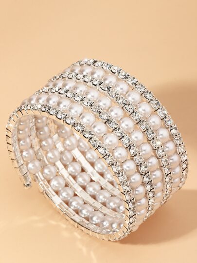 NAIZHU 鑲嵌水鑽及人造珍珠飾扣手鐲