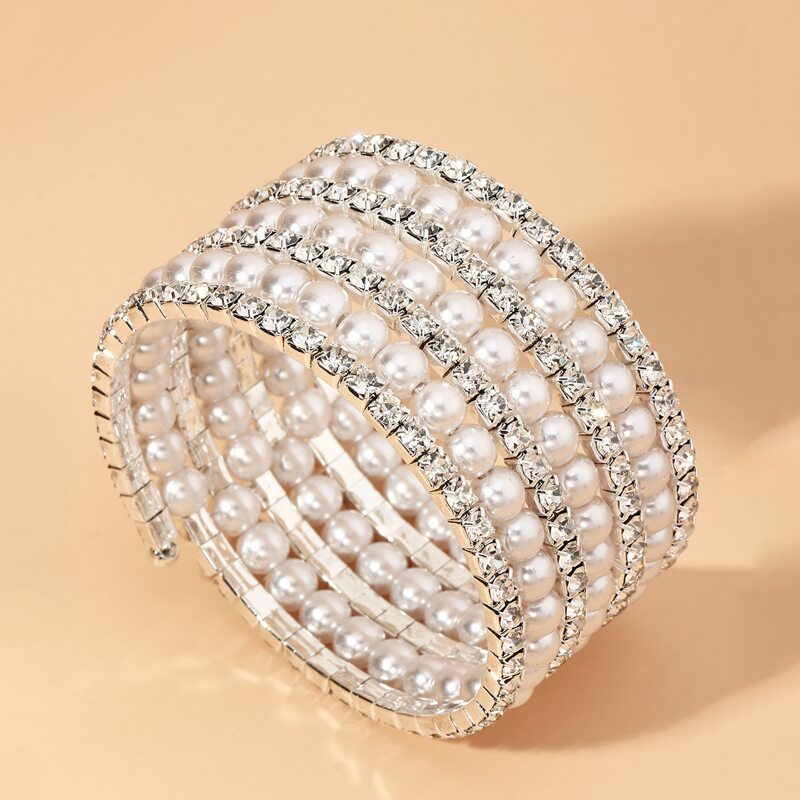 

Rhinestone & Faux Pearl Decor Bangle, Silver