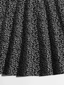 Soleia Vestido de puño fruncido con cordón delantero con estampado de planta - Blanco y Negro - Ver 5