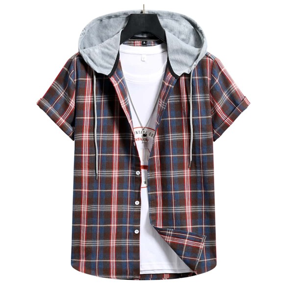 

Men Plaid Drawstring Hooded Shirt, Multicolor
