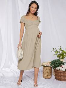 SHEIN Maternity Ruffle Cuff Ruched Bust Tie Back Dress - Khaki - View 1