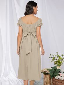 SHEIN Maternity Ruffle Cuff Ruched Bust Tie Back Dress - Khaki - View 2