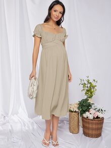 SHEIN Maternity Ruffle Cuff Ruched Bust Tie Back Dress - Khaki - View 3