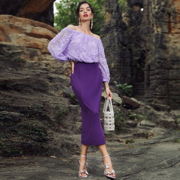 

Off Shoulder Applique Top & Skirt Set, Purple