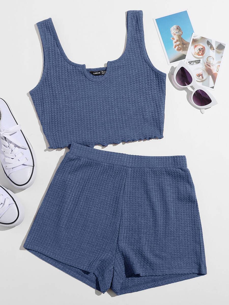 SHEIN 西裝領背心上衣和短褲套裝 - 霧霾藍 - 查看 1