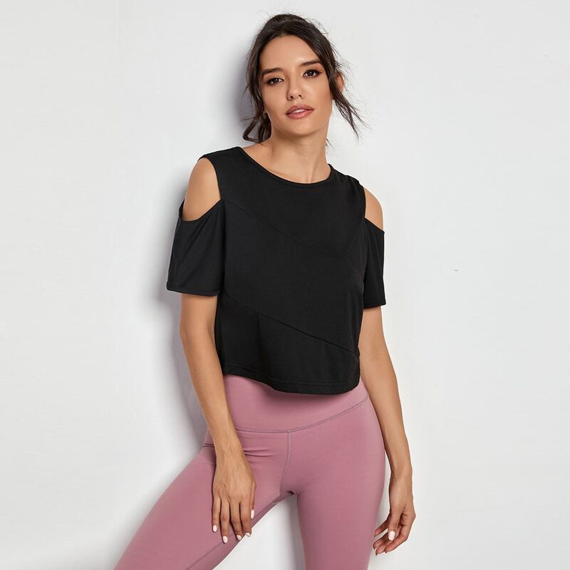 

Cold Shoulder Solid Sports Tee, Black