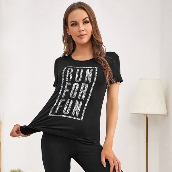 

Geo And Letter Graphic Sports Tee, Black