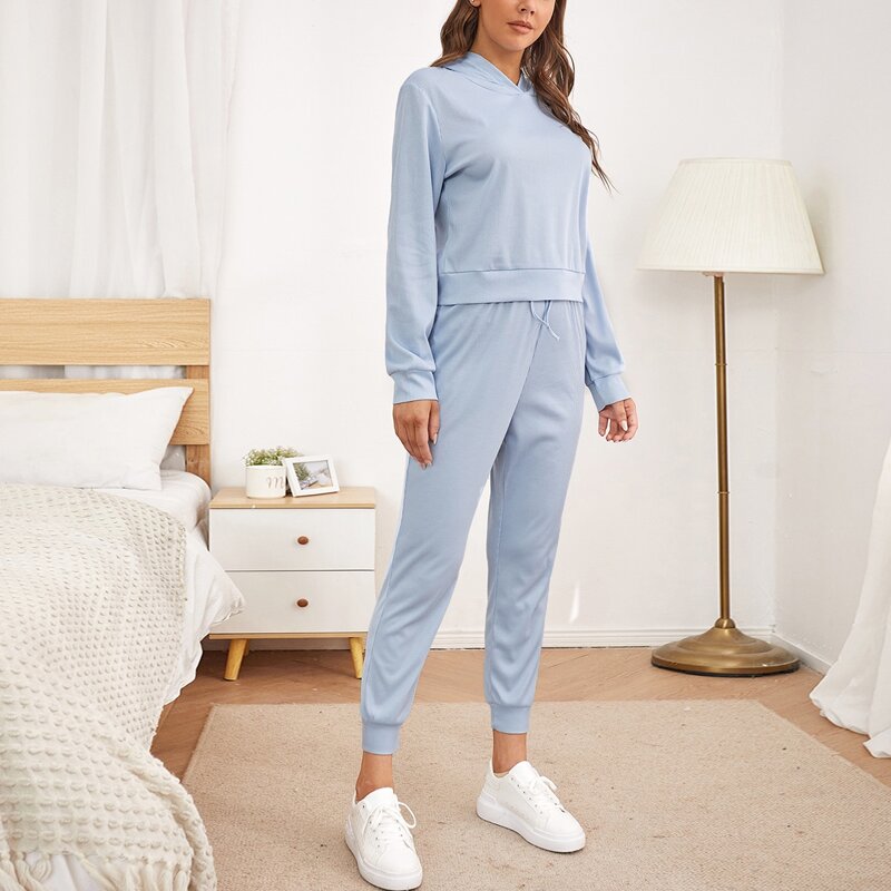 

Ribbed Solid Hoodie & Drawstring Waist Sweatpants, Baby blue