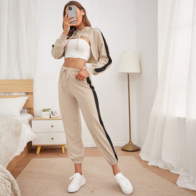 

Side Panel Crop Sports Hoodie & Sweatpants Without Bra, Khaki