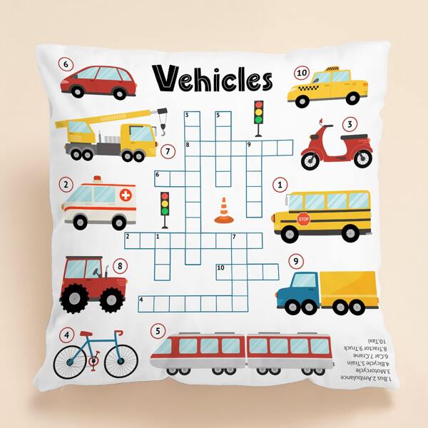 

Cartoon Vehicle Crossword Kids Cushion Cover Without Filler, Multicolor