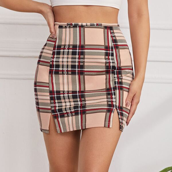 

Tartan Split Hem Bodycon Mini Skirt, Multicolor