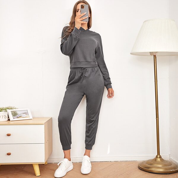 

Ribbed Solid Hoodie & Drawstring Waist Sweatpants, Dark grey
