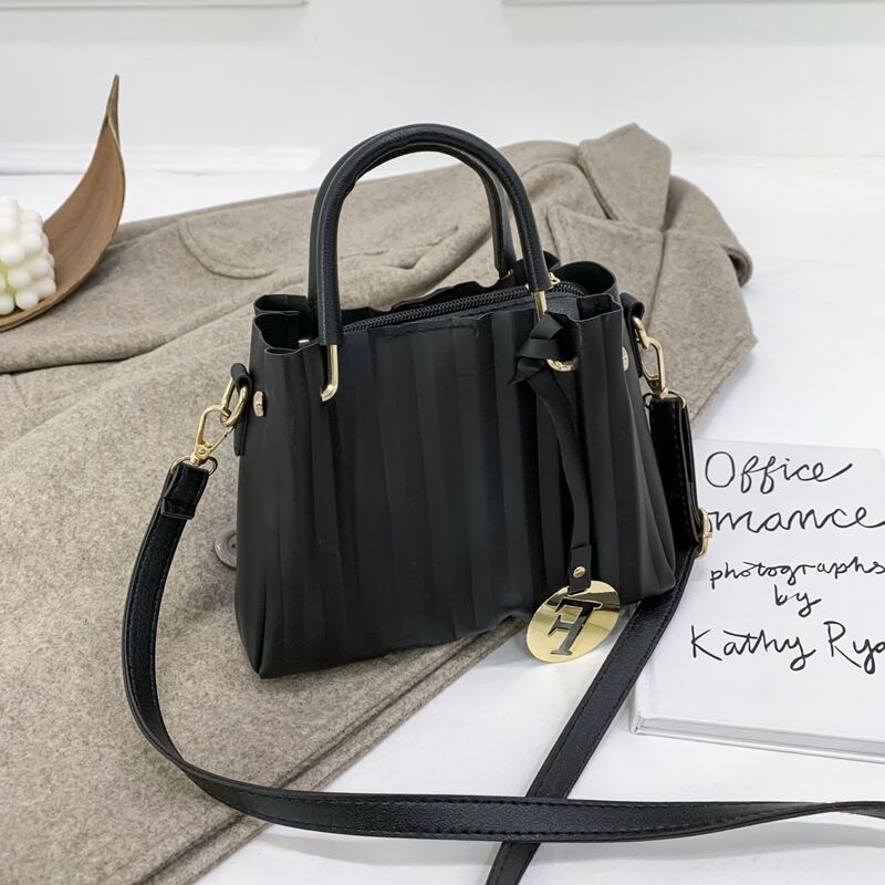 

Solid Pleated Satchel Bag, Black