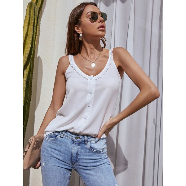 

Contrast Schiffy Button Front Cami Top, White