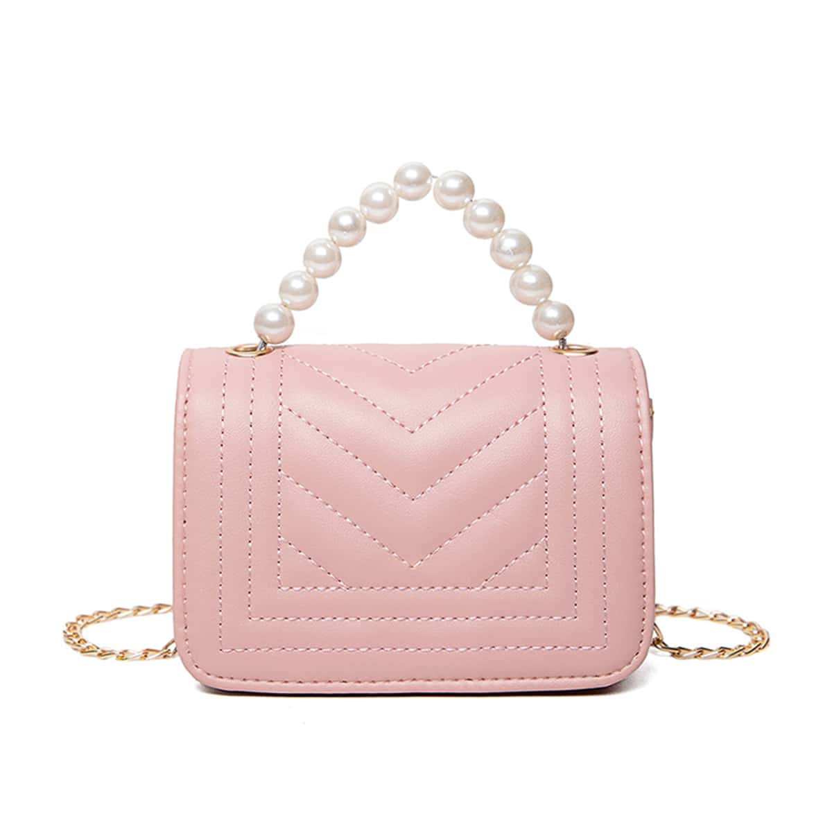 Faux Pearl Handle Mini Satchel Bag, Baby pink