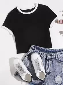 SHEIN EZwear Camiseta ringer de cuello redondo - Negro - Ver 1