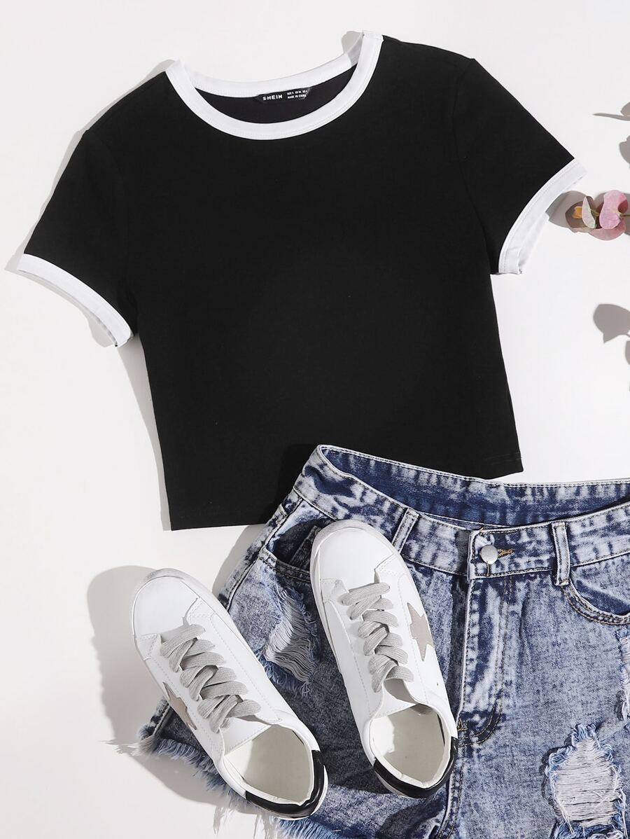 SHEIN EZwear Camiseta ringer de cuello redondo - Negro - Ver 1