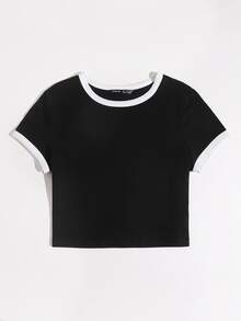 SHEIN EZwear Camiseta ringer de cuello redondo - Negro - Ver 3