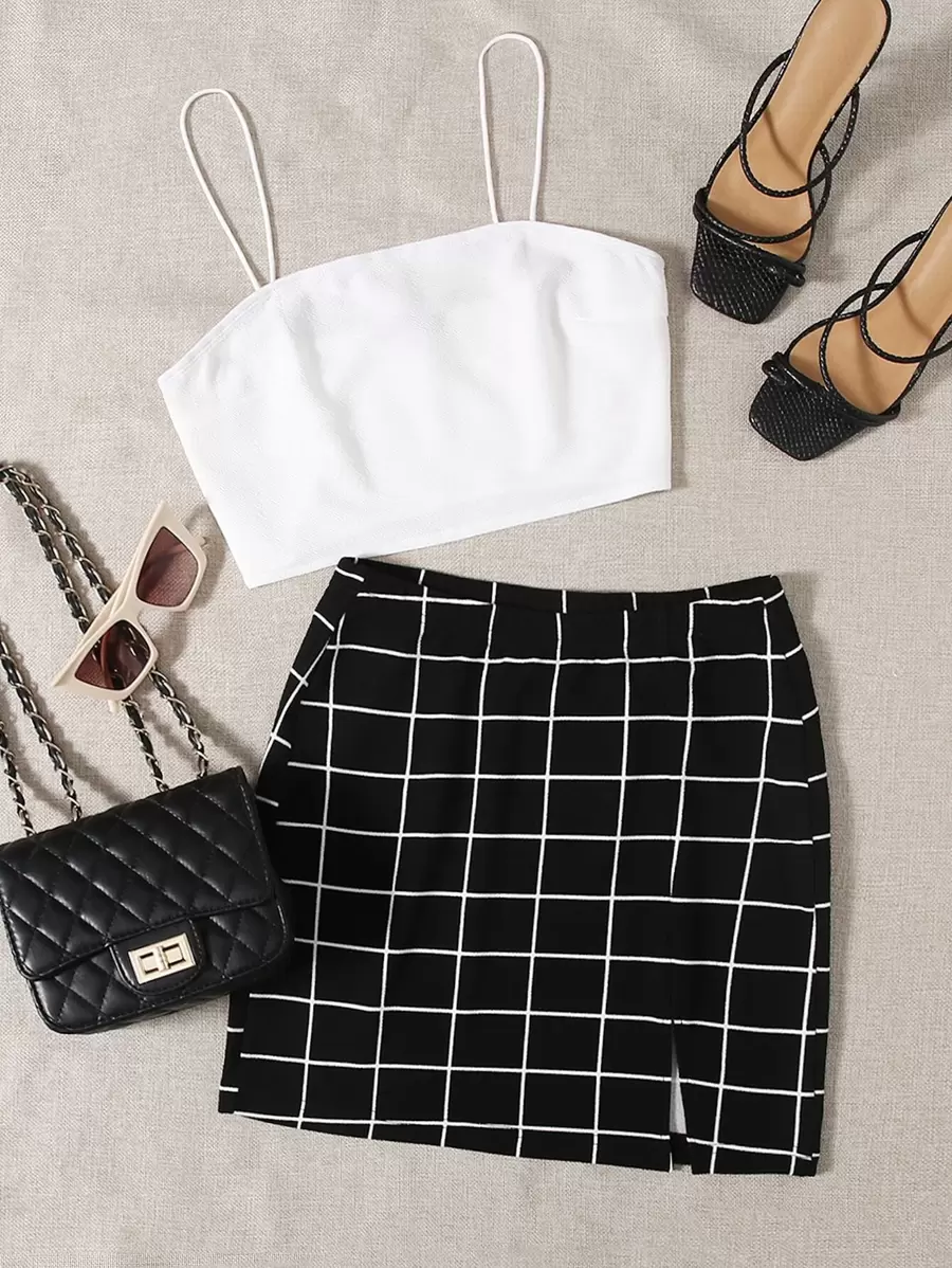 SHEIN EZwear Solid Cami Top & Split Hem Grid Skirt Set - Black - View 1