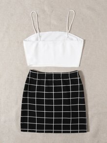 SHEIN EZwear Solid Cami Top & Split Hem Grid Skirt Set - Black - View 2
