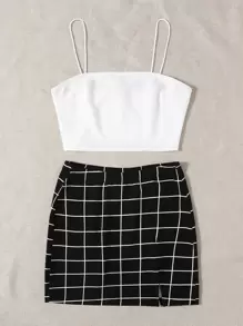 SHEIN EZwear Solid Cami Top & Split Hem Grid Skirt Set - Black - View 4