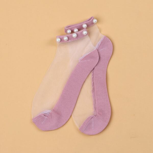 

Faux Pearl Decor Ankle Socks, Coral pink