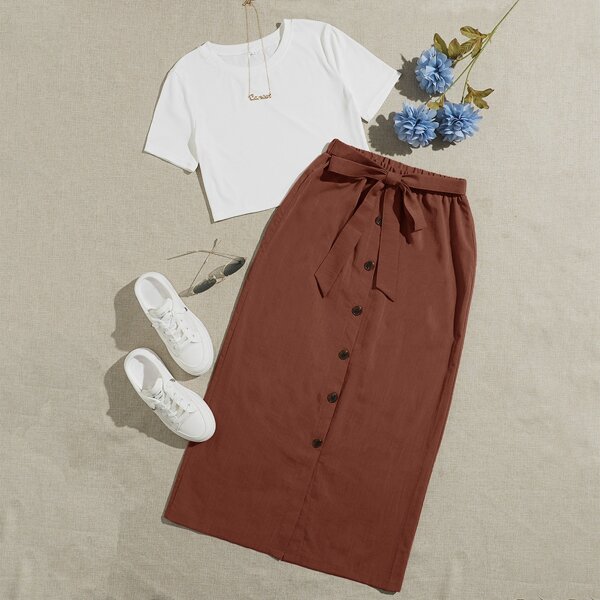

Solid Crop Tee & Button Front Belted Skirt, Multicolor